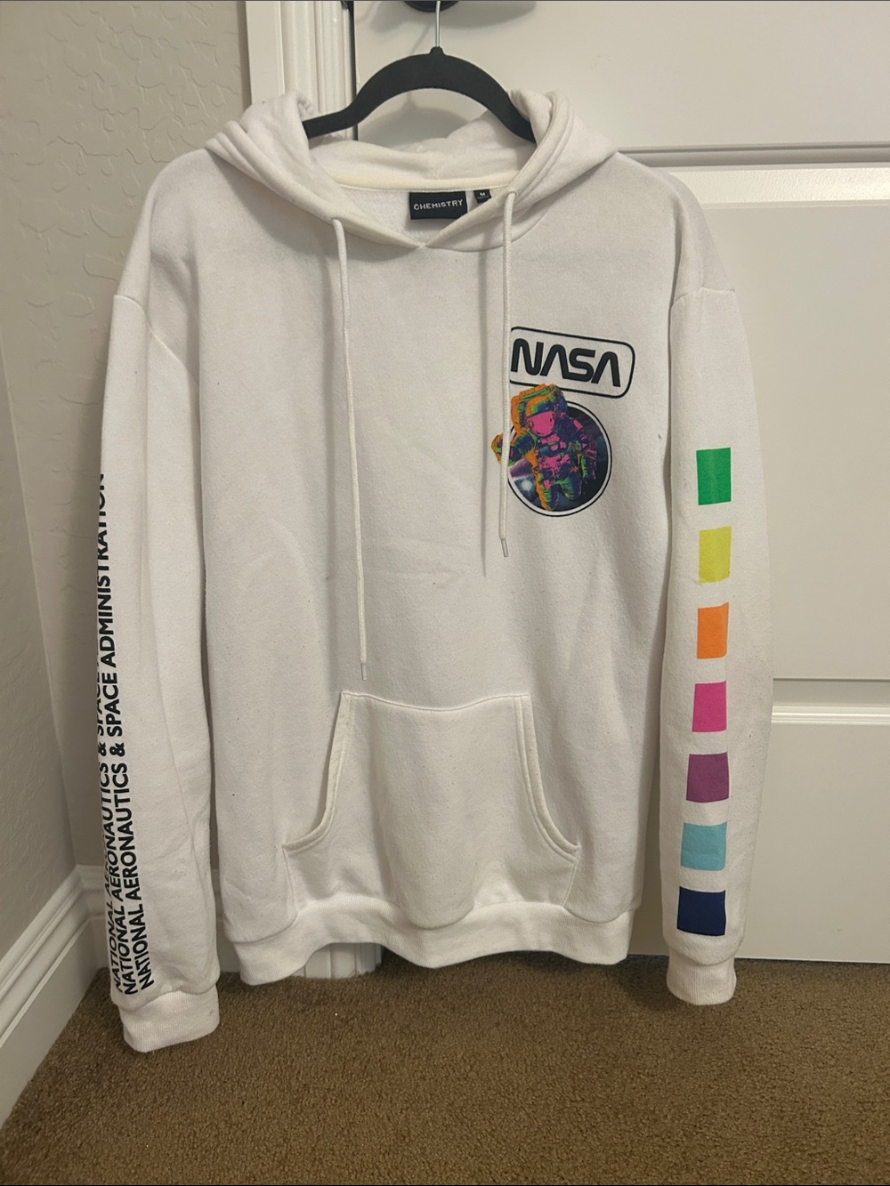 Chemistry White NASA Oversized Hoodie with Rainbow Sleeve Blocks
